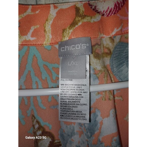 CHICO'S Orange Satin Coral Reef Seashell Print Kimono Top Beaded Trim Sz L/XL - Picture 4 of 6